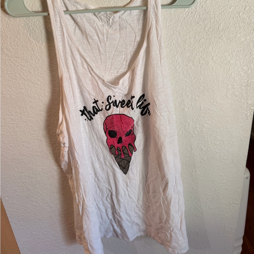 White Graphic Tank Top with Pink Skull Ice Cream